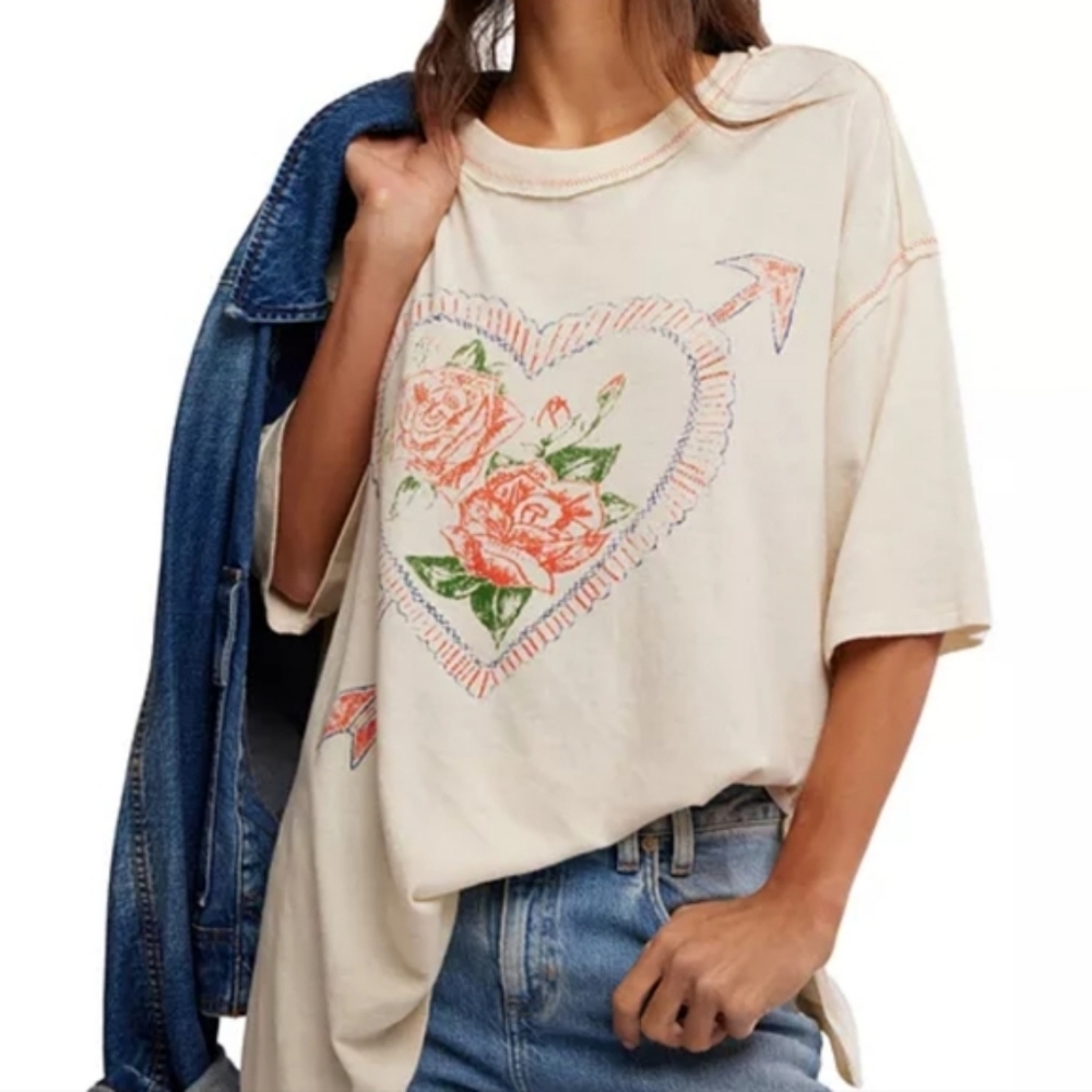 Free People Cream Floral Graphic Tee